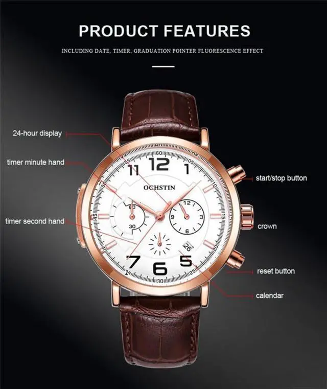 Alt view image 3 of 7 - Ochstin 6105 Multi Function Watch Business Leisure Men  Watch Waterproof Timing Quartz Watch Belt Watch (Rose Gold Black)