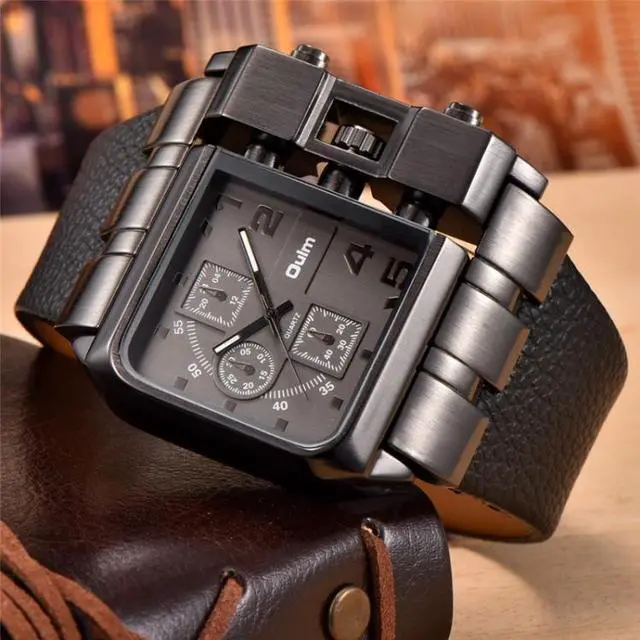 Alt view image 2 of 7 - Oulm 3364 Men Square Dial Leather Belt Quartz Watch 3364 Red (Red)