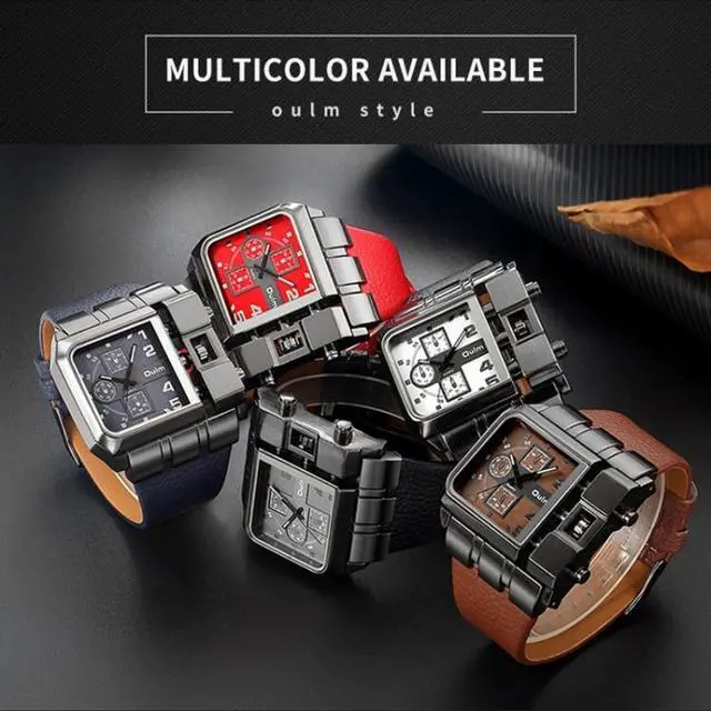 Alt view image 3 of 7 - Oulm 3364 Men Square Dial Leather Belt Quartz Watch 3364 Red (Red)