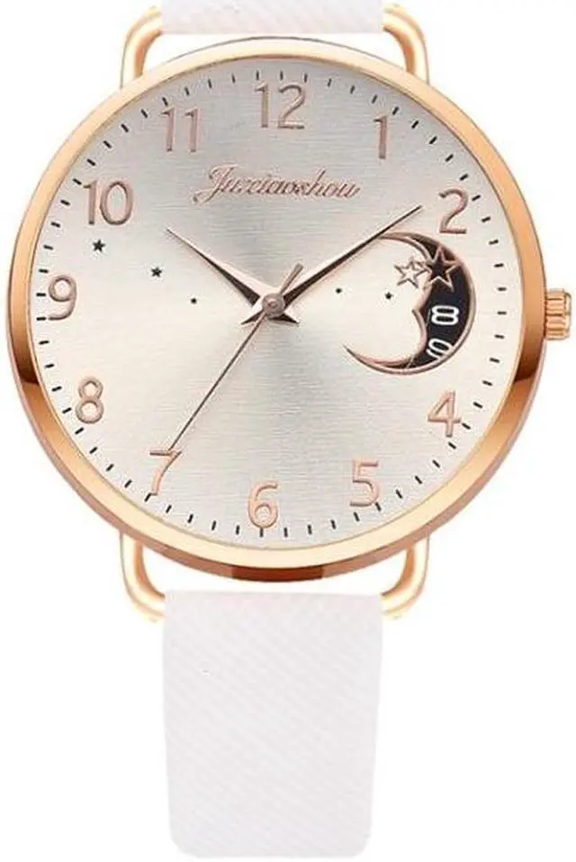 Main image of Ladies Moon Pattern Dial PU Strap Quartz Watch, Color: White, Size:White