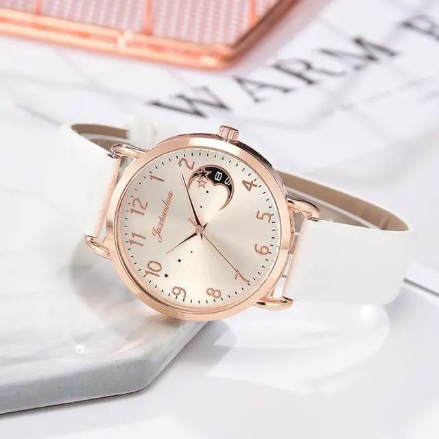 Alt view image 2 of 5 - Ladies Moon Pattern Dial PU Strap Quartz Watch, Color: White, Size:White
