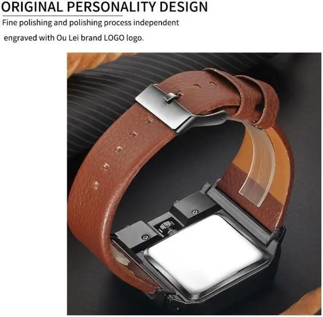 Alt view image 6 of 7 - Oulm 3364 Men Square Dial Leather Belt Quartz Watch 3364 Red (Red)