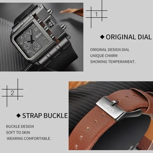 Alt view image 7 of 7 - Oulm 3364 Men Square Dial Leather Belt Quartz Watch 3364 Red (Red)