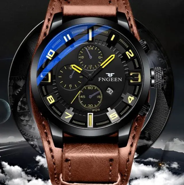 Alt view image 5 of 6 - FNGEEN P1010 Men Fashion Large Dial Leather Belt Watch Student Casual Quartz Watch (Black Leather With Red Words)