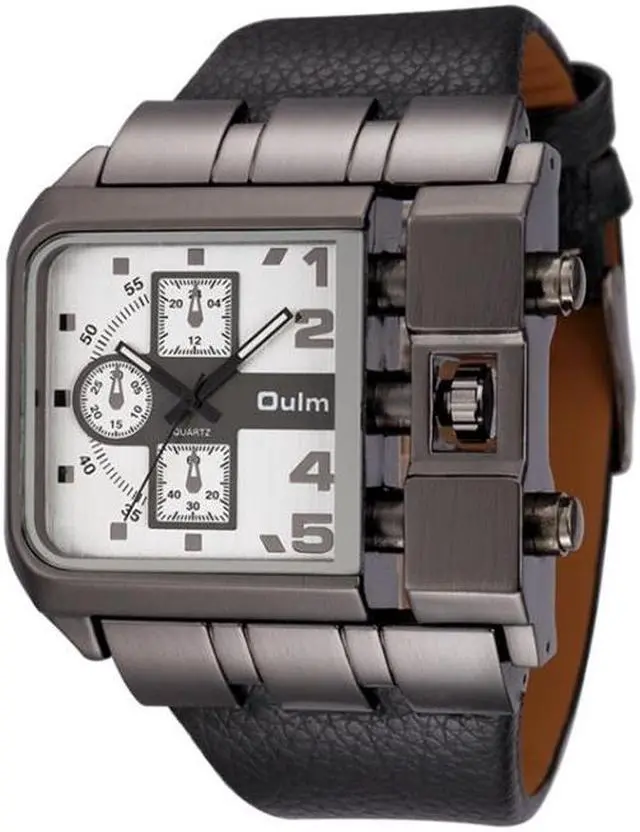 Main image of Oulm 3364 Men Square Dial Leather Belt Quartz Watch 3364 White (White)