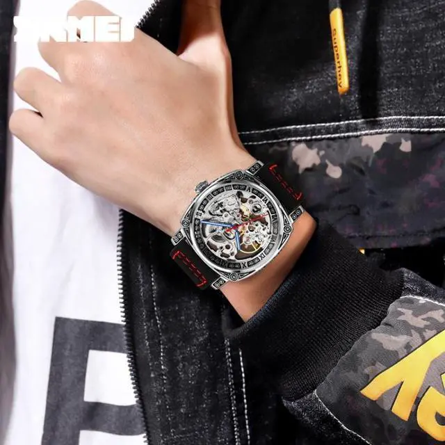 Alt view image 6 of 7 - SKMEI 9271 Stainless Steel Buckle Leather Strap Waterproof Mechanical Watch (Red)