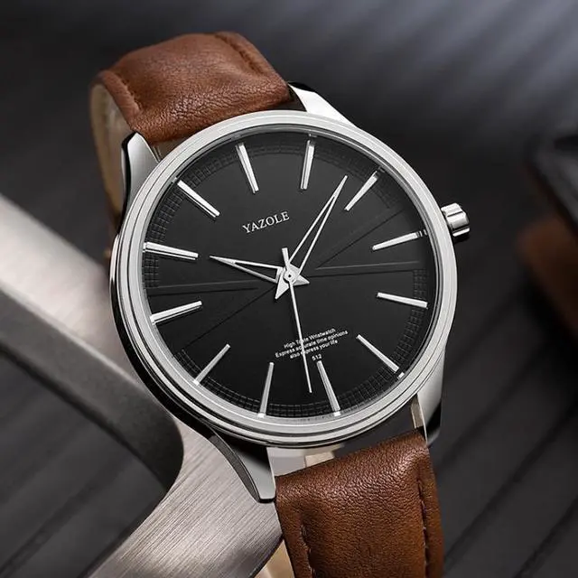 Alt view image 3 of 7 - YAZOLE 512 Casual Quartz Men Watch (Silver Shell White Tray Brown Belt)