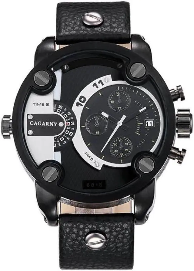 Alt view image 2 of 6 - CAGARNY 6818 Fashionable DZ Style Large Dial Dual Clock Quartz Movement Sport Wrist Watch with Leather Band & Calendar Function for Men (Style 4)
