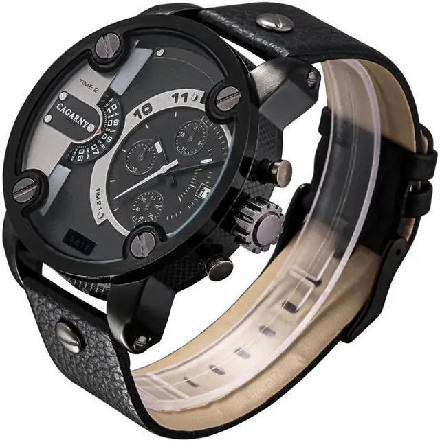 Alt view image 3 of 6 - CAGARNY 6818 Fashionable DZ Style Large Dial Dual Clock Quartz Movement Sport Wrist Watch with Leather Band & Calendar Function for Men (Style 4)