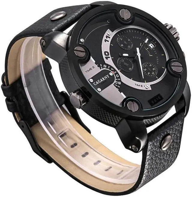 Alt view image 4 of 6 - CAGARNY 6818 Fashionable DZ Style Large Dial Dual Clock Quartz Movement Sport Wrist Watch with Leather Band & Calendar Function for Men (Style 4)