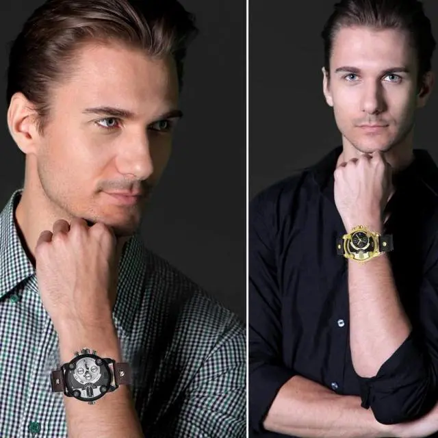 Alt view image 6 of 6 - CAGARNY 6818 Fashionable DZ Style Large Dial Dual Clock Quartz Movement Sport Wrist Watch with Leather Band & Calendar Function for Men (Style 4)