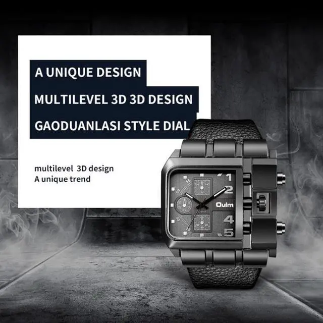 Alt view image 4 of 7 - Oulm 3364 Men Square Dial Leather Belt Quartz Watch 3364 White (White)