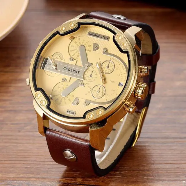Main image of CAGARNY 6820 Round Large Dial Leather Band Quartz Dual Movement Watch For Men (Gold Surface Dark Brown Band)