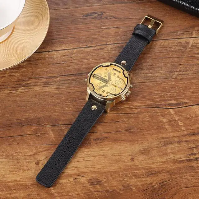 Alt view image 2 of 4 - CAGARNY 6820 Round Large Dial Leather Band Quartz Dual Movement Watch For Men (Gold White Surface Black Eye Black Band)