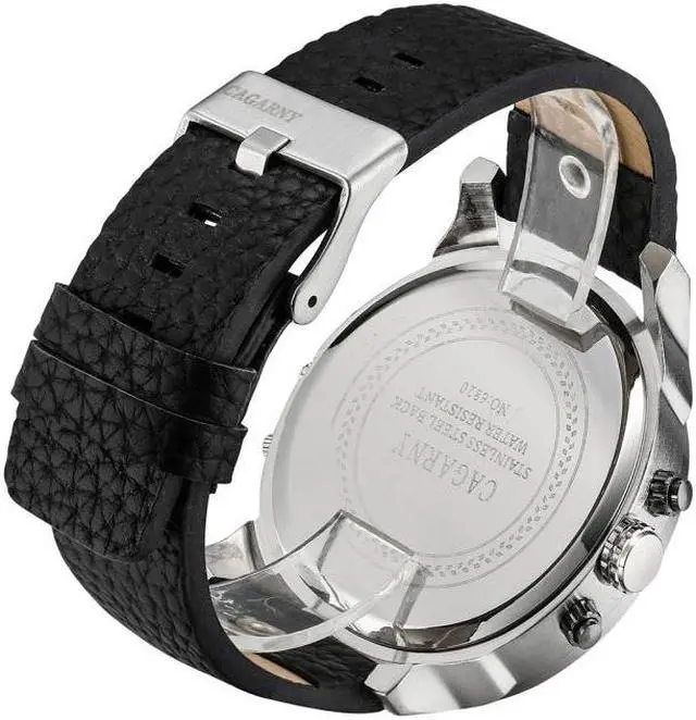 Alt view image 3 of 5 - CAGARNY 6820 Fashionable Multifunctional Style Quartz Business Sport Wrist Watch with Leather Band & GMT Time & Calendar & Luminous Display for Men (Black)