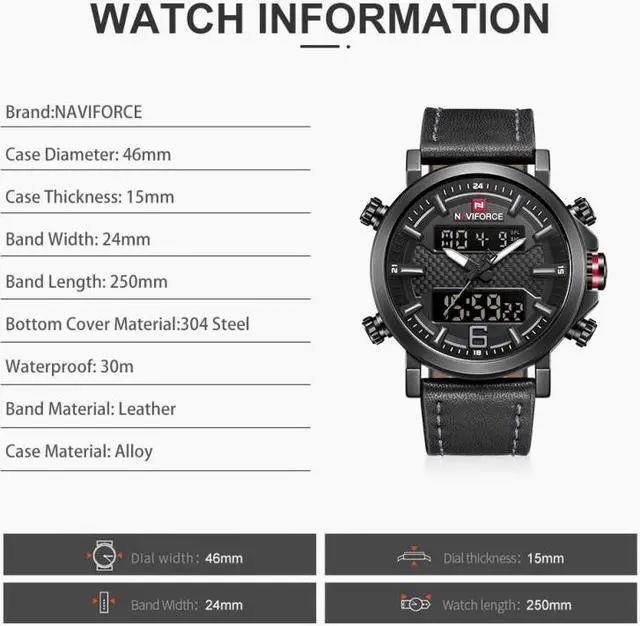 Alt view image 4 of 7 - NAVIFORCE 9135 Sport Watch Leather Waterproof Quartz Watches Date LED Analog Clock for Men