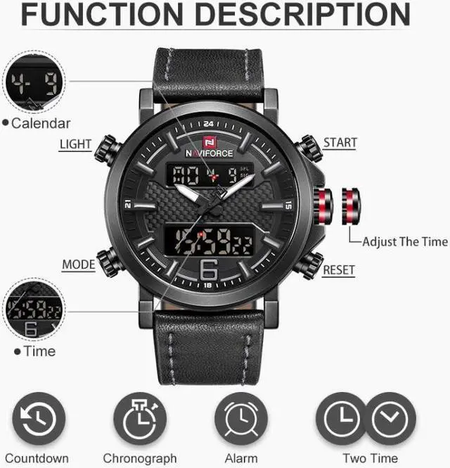 Alt view image 5 of 7 - NAVIFORCE 9135 Sport Watch Leather Waterproof Quartz Watches Date LED Analog Clock for Men