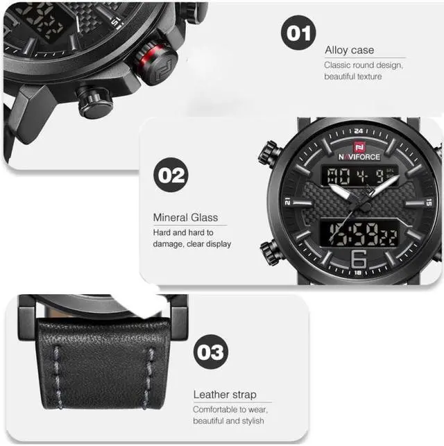 Alt view image 7 of 7 - NAVIFORCE 9135 Sport Watch Leather Waterproof Quartz Watches Date LED Analog Clock for Men