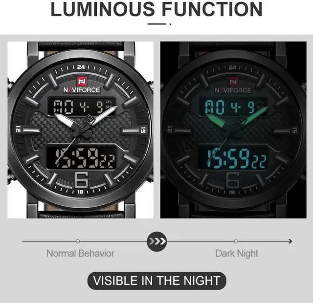 Alt view image 6 of 7 - NAVIFORCE 9135 Sport Watch Leather Waterproof Quartz Watches Date LED Analog Clock for Men