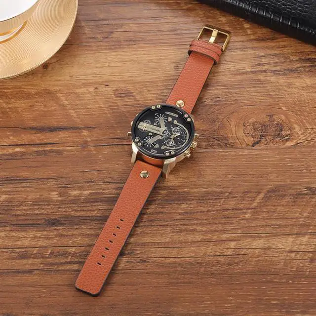 Alt view image 2 of 3 - CAGARNY 6820 Round Large Dial Leather Band Quartz Dual Movement Watch For Men (Gold Between Brown Band)