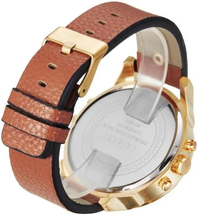 Alt view image 3 of 3 - CAGARNY 6820 Round Large Dial Leather Band Quartz Dual Movement Watch For Men (Gold Between Brown Band)