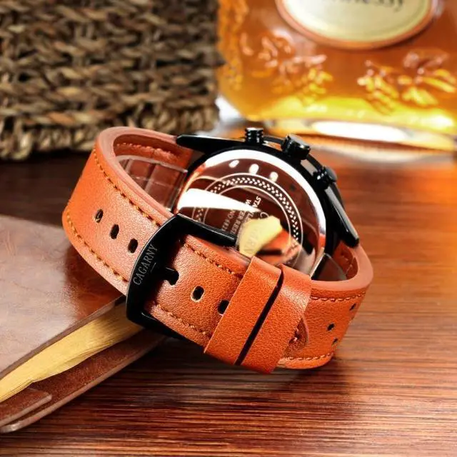 Alt view image 3 of 4 - CAGARNY 6828 Fashionable Multifunctional Style Quartz Sport Wrist Watch with Leather Band & GMT Time & Calendar & Luminous Display for Men (Style 3)