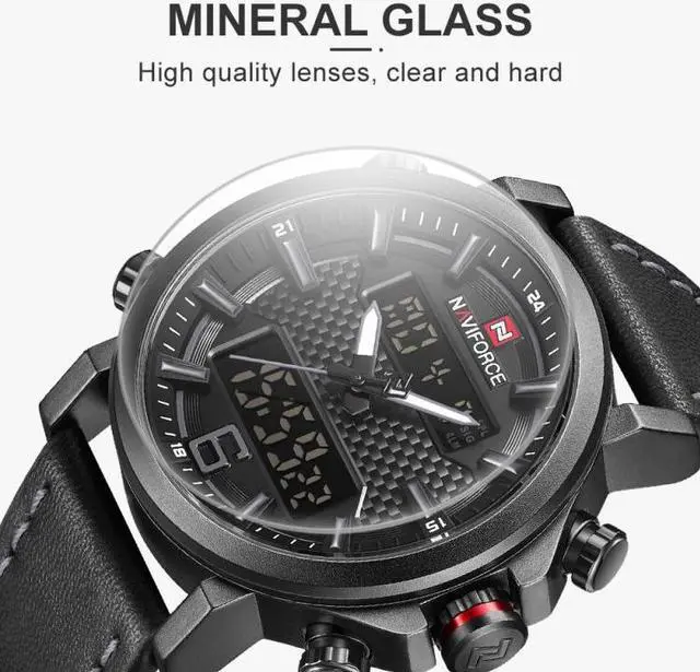 Alt view image 3 of 7 - NAVIFORCE 9135 Sport Watch Leather Waterproof Quartz Watches Date LED Analog Clock for Men