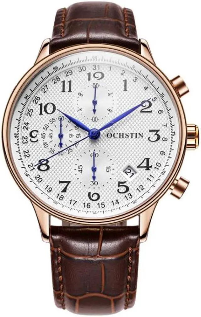 Main image of Ochstin 6050C Multifunctional Quartz Men Leather Watch, Size:Ochstin 6050C (Rose Gold+Coffee)