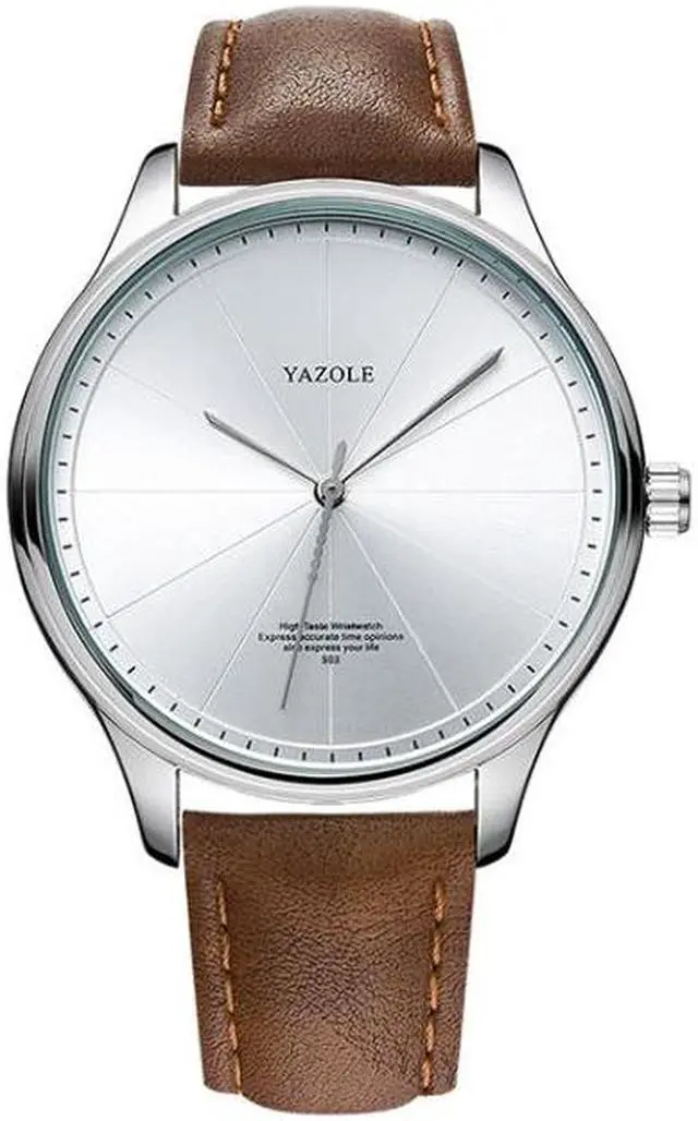 Main image of YAZOLE 503 Simple Line Pattern Dial Men Quartz Watch (Silver Shell White Tray Brown Belt)
