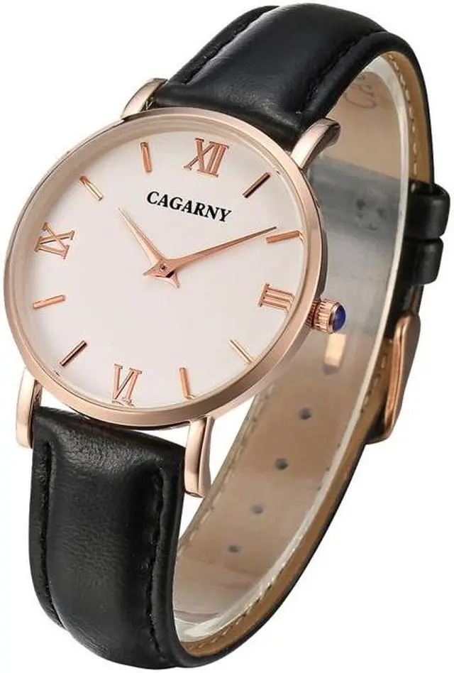 Main image of CAGARNY 6813 Concise Style Ultra Thin Rose Gold Case Quartz Wrist Watch with Leather Band for Women (Black)
