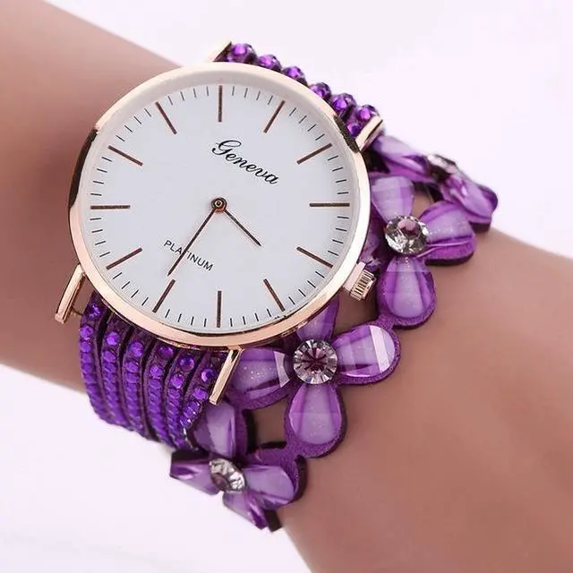 Main image of Women Round Dial Flower Diamond Studs Bracelet Watch (Purple)