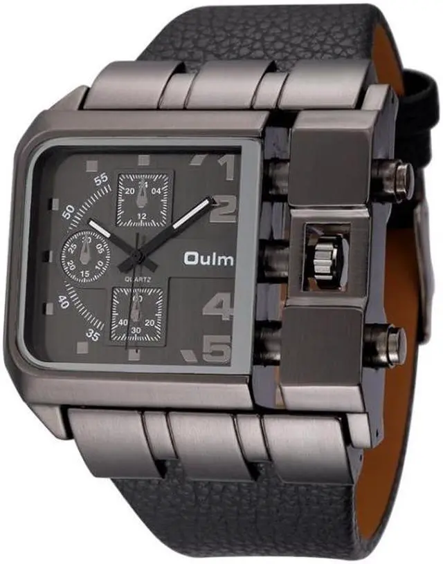 Main image of Oulm 3364 Men Square Dial Leather Belt Quartz Watch 3364 Black (Black)