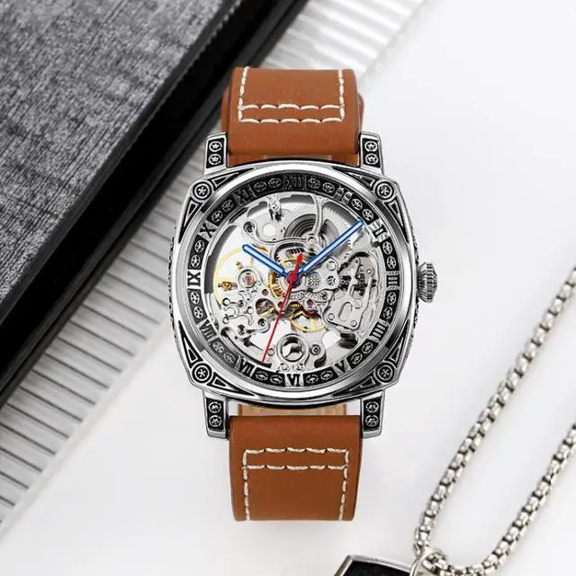 Alt view image 2 of 7 - SKMEI 9271 Stainless Steel Buckle Leather Strap Waterproof Mechanical Watch (Red)