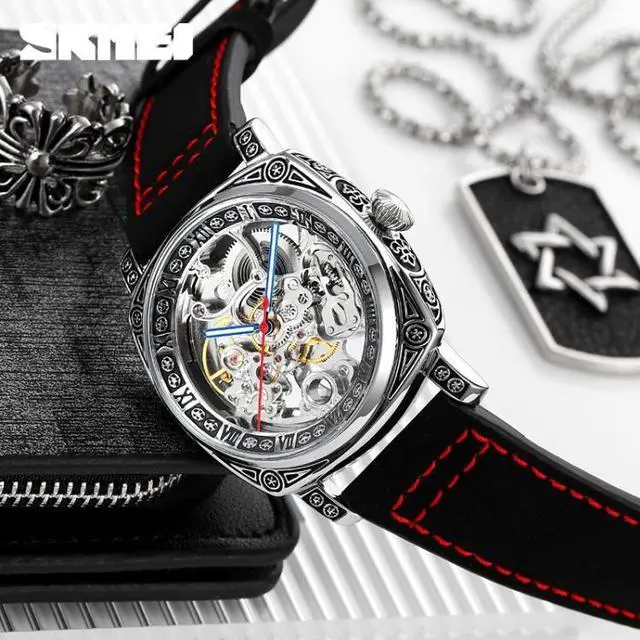 Alt view image 5 of 7 - SKMEI 9271 Stainless Steel Buckle Leather Strap Waterproof Mechanical Watch (Red)