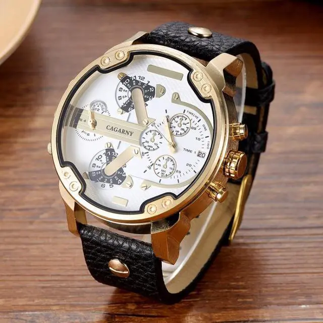 Main image of CAGARNY 6820 Round Large Dial Leather Band Quartz Dual Movement Watch For Men (Gold White Surface Black Eye Black Band)