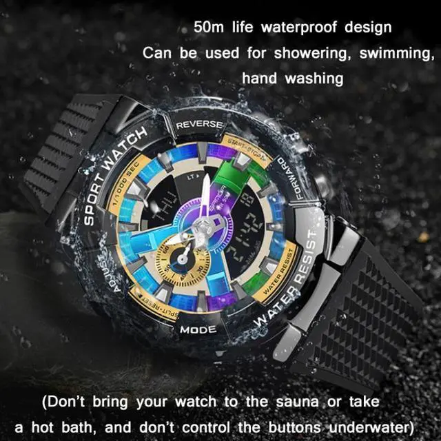 Alt view image 3 of 7 - SANDA 9004 Men Symphony Dual Display Synchronous Outdoor Luminous Electronic Multifunction Watch (Black Blue)