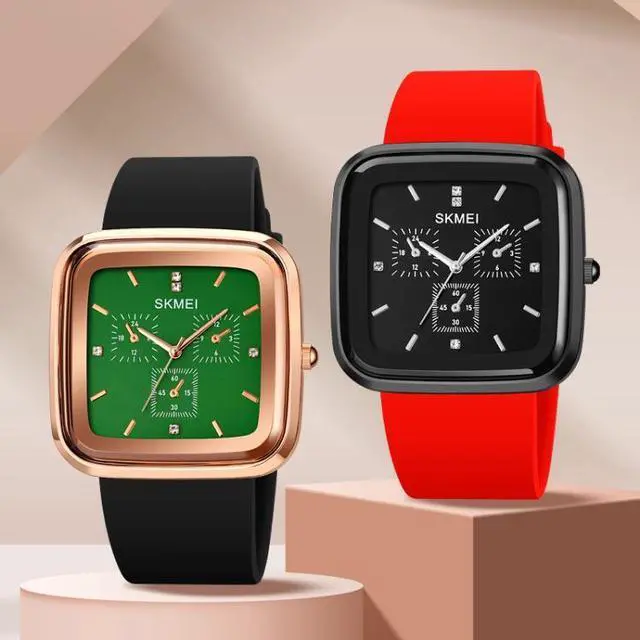 Alt view image 4 of 5 - SKMEI 1902 Stainless Steel Buckle Silicone Strap Waterproof Quartz Watch (Rose Gold + Green)