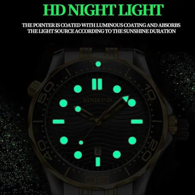 Alt view image 6 of 7 - Black Silicon Inter-gold Black BINBOND B2820 Luminous 30m Waterproof Men Sports Quartz Watch, Size:Black Silicon Inter-gold Black