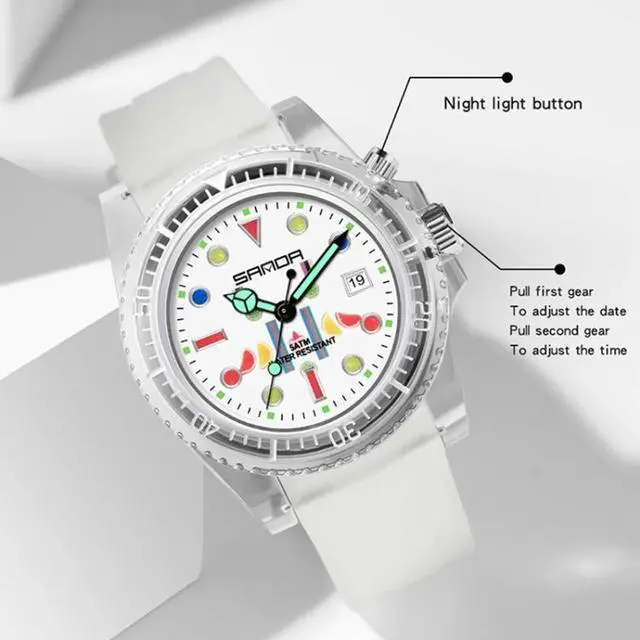Alt view image 3 of 7 - SANDA 6078 Fluorescent Calendar Dial Transparent Strap Quartz Watch for Women (Transparent White Belt Blue Surface)