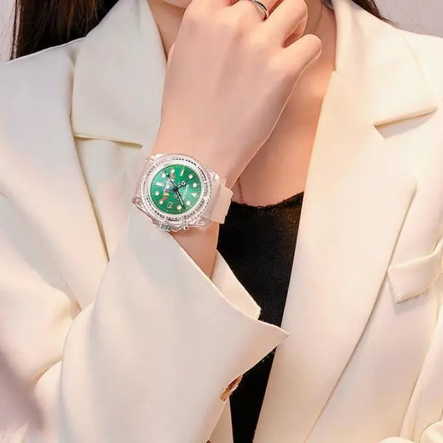 Alt view image 6 of 7 - SANDA 6078 Fluorescent Calendar Dial Transparent Strap Quartz Watch for Women (Transparent White Belt Blue Surface)