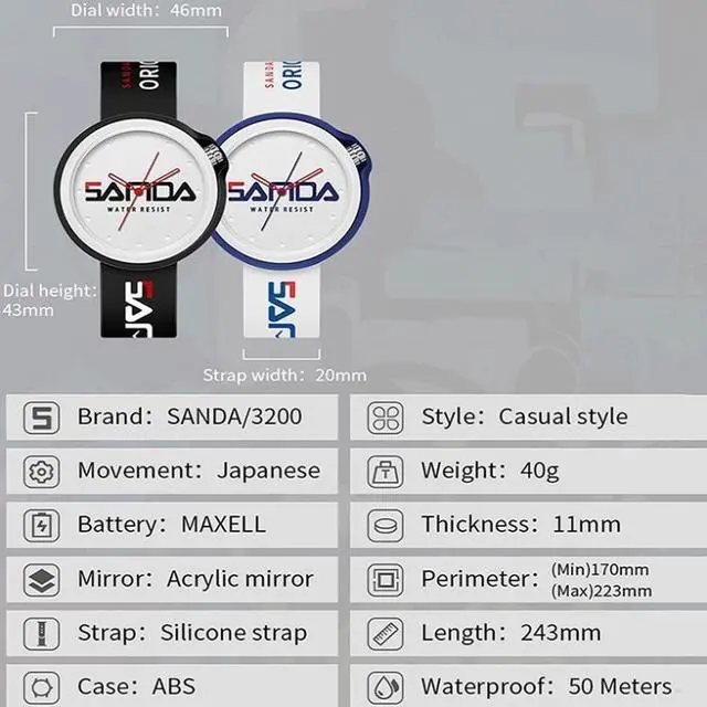 Alt view image 7 of 7 - SANDA 3200 Silicone Belt Quartz Sports Watch For Men And Women (Black Red)