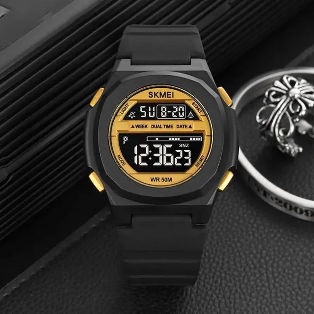 Alt view image 4 of 7 - SKMEI 1821 Stainless Steel Buckle Silicone Strap Electronic Watch (Black Gold)