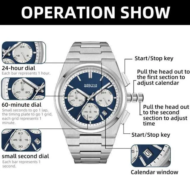 Alt view image 4 of 7 - BAOGELA 22803 Stainless Steel Multifunctional Waterproof Calendar Men Quartz Watch (Steel Shell Blue Face) Black