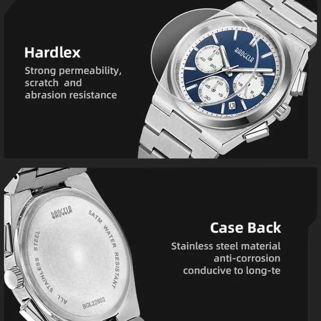 Alt view image 5 of 7 - BAOGELA 22803 Stainless Steel Multifunctional Waterproof Calendar Men Quartz Watch (Steel Shell Blue Face) Black