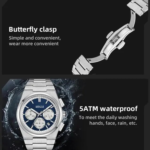 Alt view image 7 of 7 - BAOGELA 22803 Stainless Steel Multifunctional Waterproof Calendar Men Quartz Watch (Steel Shell Blue Face) Black