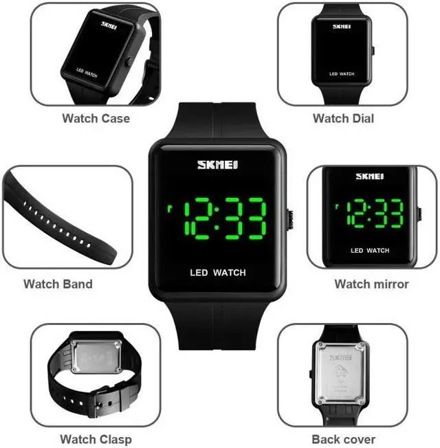Alt view image 6 of 7 - SKMEI 1541 Fashion Led Watch Square Couple Model Waterproof Electronic Watch Silicone Watch (Black)
