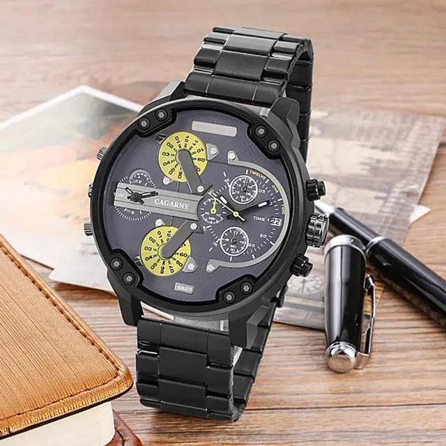 Alt view image 2 of 6 - CAGARNY 6820 Fashionable Business Style Large Dial Dual Time Zone Quartz Movement Wrist Watch with Stainless Steel Band & Calendar Function for Men (Style 4)