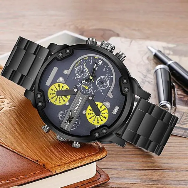 Alt view image 3 of 6 - CAGARNY 6820 Fashionable Business Style Large Dial Dual Time Zone Quartz Movement Wrist Watch with Stainless Steel Band & Calendar Function for Men (Style 4)