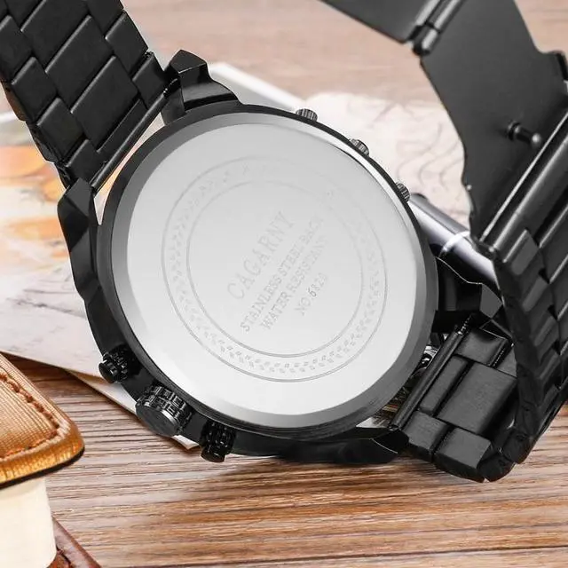 Alt view image 5 of 6 - CAGARNY 6820 Fashionable Business Style Large Dial Dual Time Zone Quartz Movement Wrist Watch with Stainless Steel Band & Calendar Function for Men (Style 4)