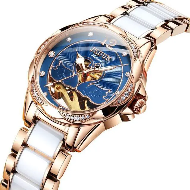 Alt view image 3 of 7 - JIN SHI DUN 8831 Women Fashion Diamond Hollowed Waterproof Ceramic Mechanical Watch (White)